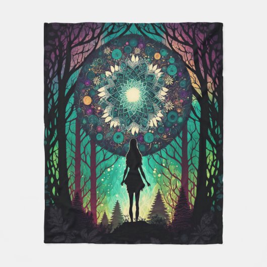 Psychedelischer Mandala-Wald-Teppich | Boho-Kunst Fleecedecke (Vorderseite)