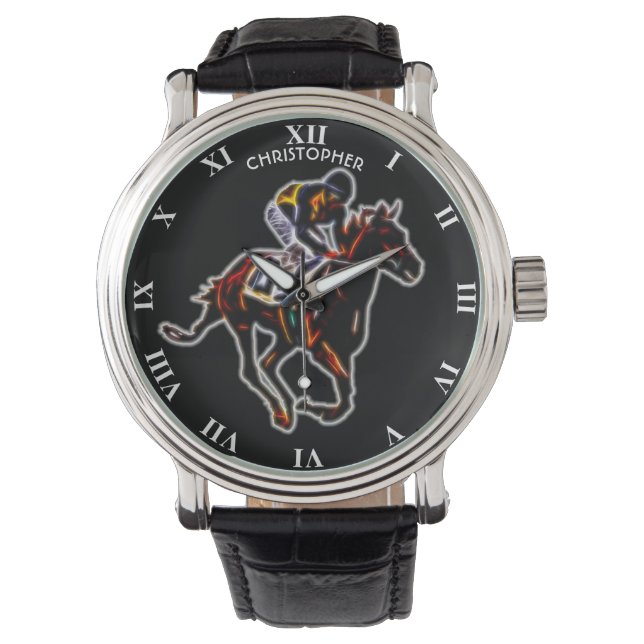 Psychedelischer Neon Glows Fraktal Racing Horse Armbanduhr (Vorderseite)