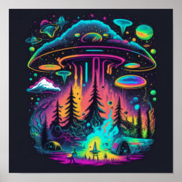 Psychedelischer Neon UFO und Alien Abduktion Art Poster