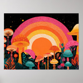 Psychedelischer Pilzsonnenuntergang – Retro-Fantas Poster