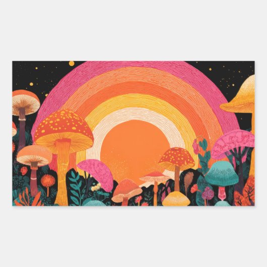 Psychedelischer Pilzsonnenuntergang – Retro-Fantas Rechteckiger Aufkleber (Vorderseite)