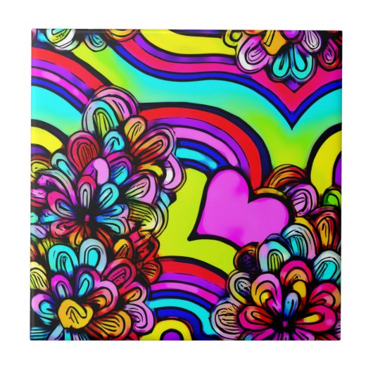 Psychedelischer Regenbogen Cartoon Blume Lila Herz Fliese (Vorderseite)