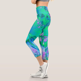 Psychedelischer Retro-Grün- und Hot-Pink-Hibisken Capri Leggings