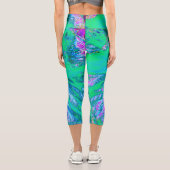 Psychedelischer Retro-Grün- und Hot-Pink-Hibisken Capri Leggings (Rückseite)