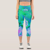 Psychedelischer Retro-Grün- und Hot-Pink-Hibisken Capri Leggings (Vorderseite)