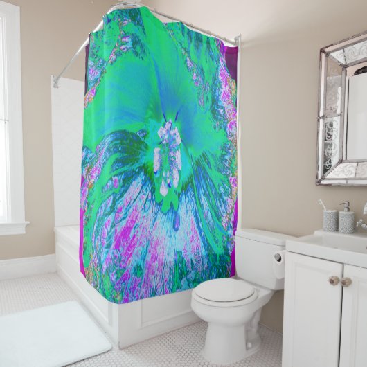 Psychedelischer Retro-Grün- und Hot-Pink-Hibisken Duschvorhang (Beispiel)