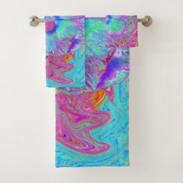 Psychedelischer Retro Rainbow Blue Hibiskus Badhandtuch Set