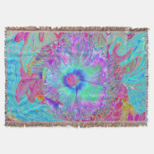Psychedelischer Retro Rainbow Blue Hibiskus Decke
