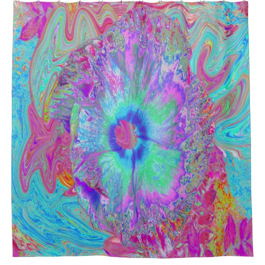 Psychedelischer Retro Rainbow Blue Hibiskus Duschvorhang (Vorderseite)