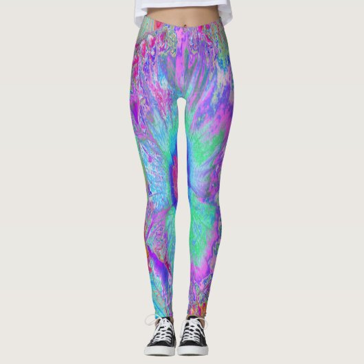 Psychedelischer Retro Rainbow Blue Hibiskus Leggings (Vorderseite)
