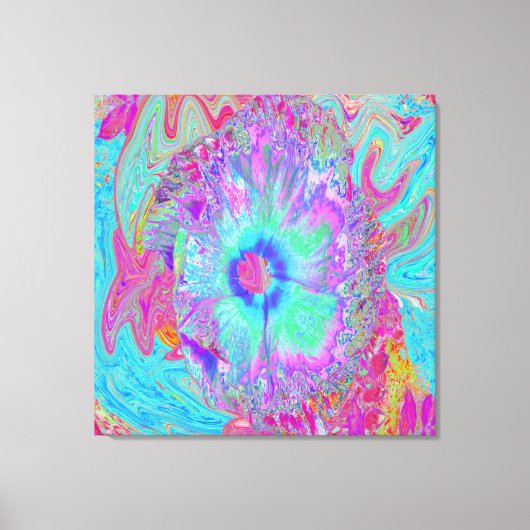 Psychedelischer Retro Rainbow Blue Hibiskus Leinwanddruck (Vorderseite)