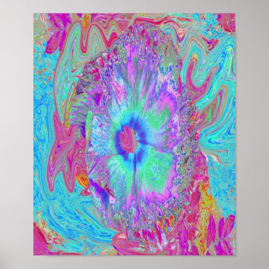 Psychedelischer Retro Rainbow Blue Hibiskus Poster (Vorne)