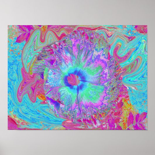 Psychedelischer Retro Rainbow Blue Hibiskus Poster (Vorne)