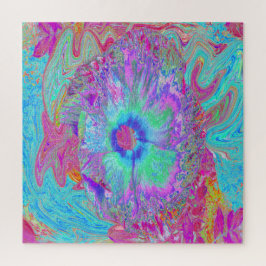 Psychedelischer Retro Rainbow Blue Hibiskus Puzzle