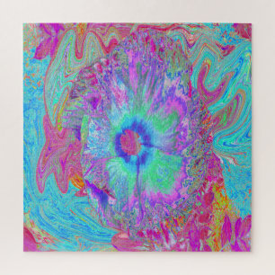 Psychedelischer Retro Rainbow Blue Hibiskus Puzzle
