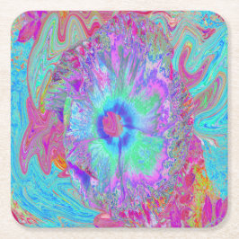Psychedelischer Retro Rainbow Blue Hibiskus Rechteckiger Pappuntersetzer