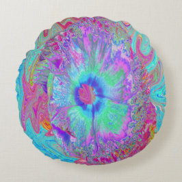 Psychedelischer Retro Rainbow Blue Hibiskus Rundes Kissen