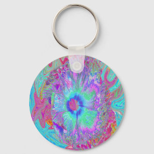 Psychedelischer Retro Rainbow Blue Hibiskus Schlüsselanhänger