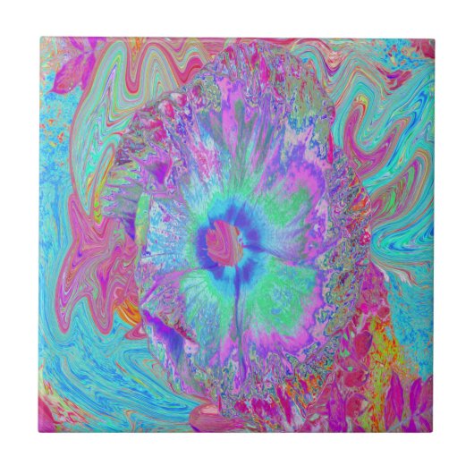 Psychedelischer Retro-Regenbogen Blauer Hibiskus Fliese (Vorderseite)