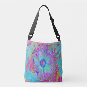 Psychedelischer Retro-Regenbogen Blauer Hibiskus Tragetaschen Mit Langen Trägern