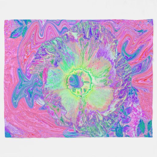 Psychedelischer Trippy Lime Green und Lila Hibisku Fleecedecke (Vorderseite (Horizontal))