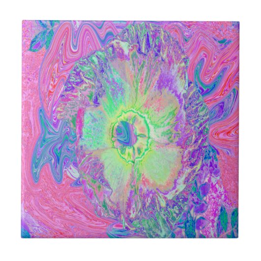 Psychedelischer Trippy Lime Green und Lila Hibisku Fliese (Vorderseite)