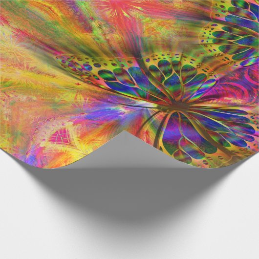 Psychedelischer u. mehrfarbiger Schmetterling Geschenkpapier (Ecke)