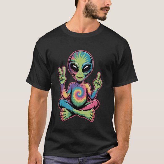 Psychedelisches Alien-Friedenszeichen-Tie-Dye-Hipp T-Shirt (Vorderseite)