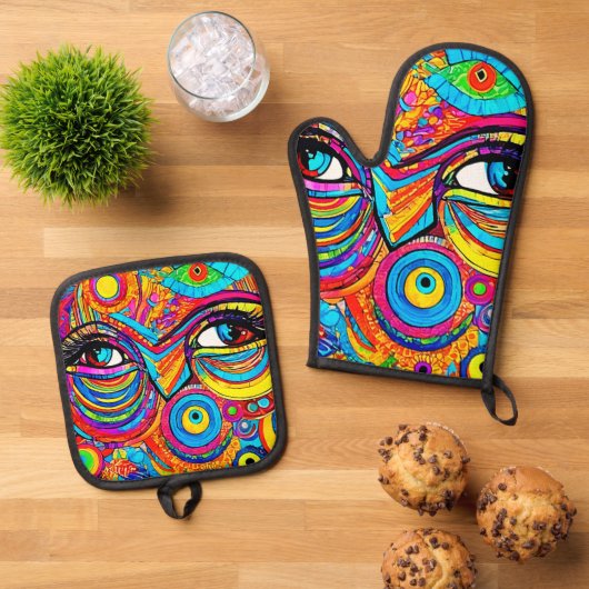 Psychedelisches Augensichtdesign Ofenhandschuh & Topflappen-Set (Oben Unten)