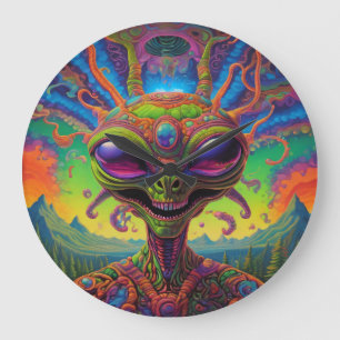 Psychedelisches Außerirdischen-Porträt Große Wanduhr
