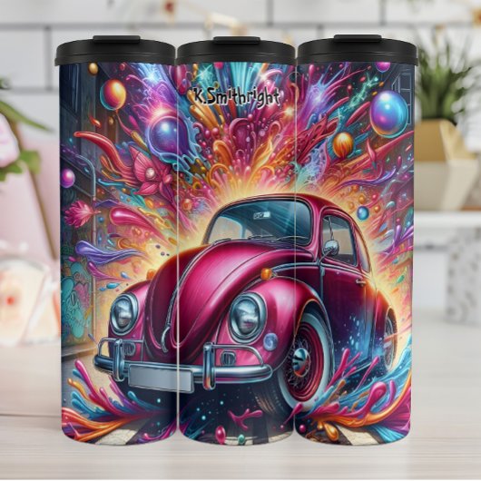 Psychedelisches Auto in einer Explosion der Farbe Thermosbecher