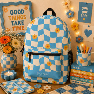 Psychedelisches Groovy-Blumen-Karo-Muster Bedruckter Rucksack