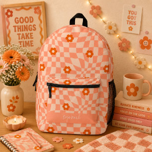 Psychedelisches Groovy-Blumen-Karomuster, Y2K 90er Bedruckter Rucksack