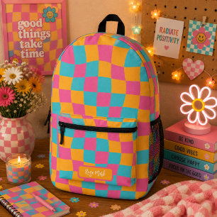 Psychedelisches Groovy Karomuster, Y2K 90er Bedruckter Rucksack