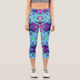 Psychedelisches Grün- und Blauer Hibiskus-Muster Capri Leggings