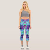 Psychedelisches Grün- und Blauer Hibiskus-Muster Capri Leggings (Vorderseite)