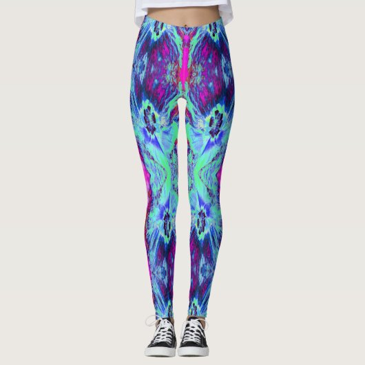 Psychedelisches Grün- und Blauer Hibiskus-Muster Leggings (Vorderseite)