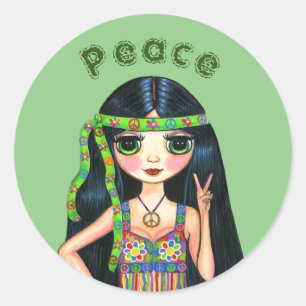 Psychedelisches Hippie Chick Peace Sign Headband 1 Runder Aufkleber