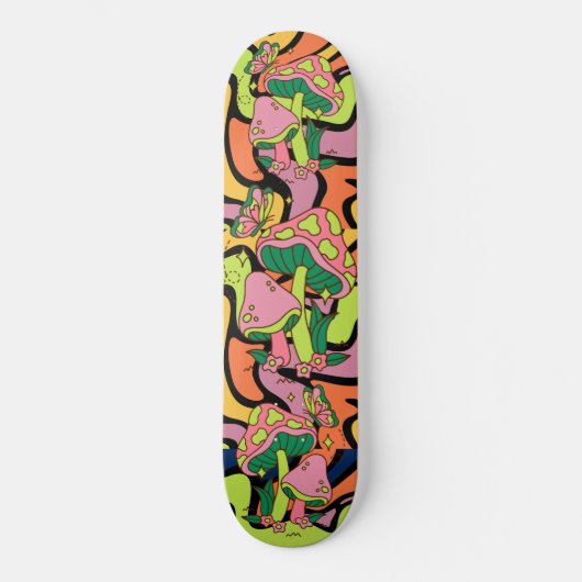 Psychedelisches Mushroom Retro Muster Skateboard (Vorderseite)
