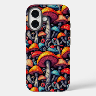 Psychedelisches Neon-Pilzmuster iPhone 16 Hülle