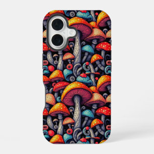 Psychedelisches Neon-Pilzmuster iPhone 16 Hülle