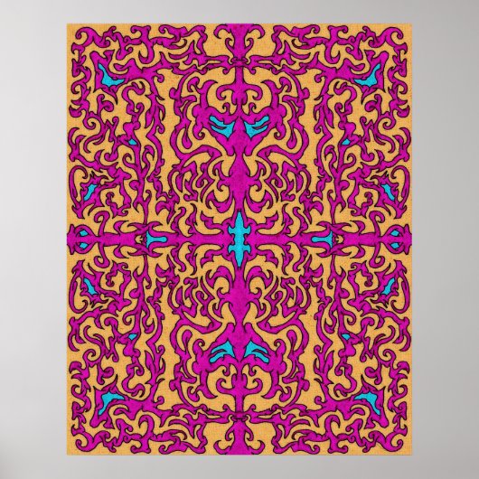 Psychedelisches Neon Pink Barock Geblüht Muster Poster (Vorne)