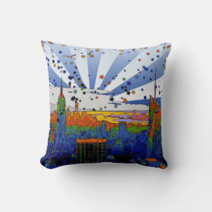 Psychedelisches NYC: ESB Weite Skyline-Ansicht Kissen