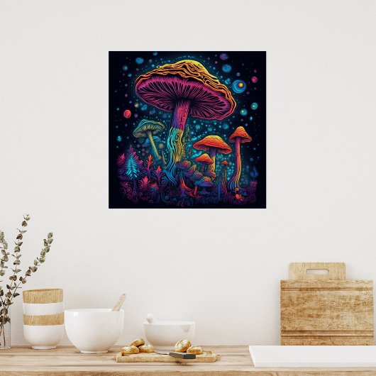 Psychedelisches Pilzglühen in Dunkelheit Poster (Küche)