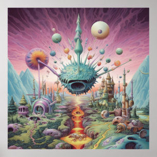 Psychedelisches Poster mit fantastischer Landschaf