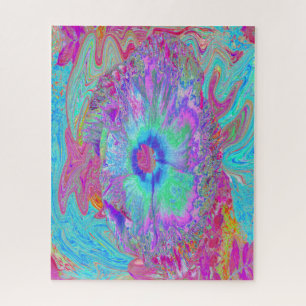 Psychedelisches Retro-Regenbogen Blau Hibiskus Puzzle