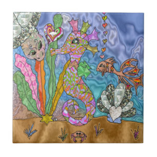 Psychedelisches-Seepferdchen-Wasserschildkröten-Ku Fliese