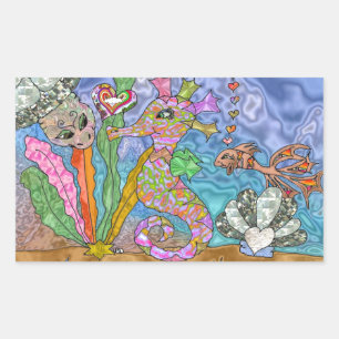Psychedelisches-Seepferdchen-Wasserschildkröten-Ku Rechteckiger Aufkleber