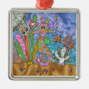 Psychedelisches-Seepferdchen-Wasserschildkröten-Ku Silbernes Ornament
