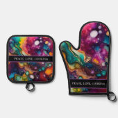 Psychedelisches Surreal-Aquarellmuster Ofenhandschuh & Topflappen-Set (Vorderseite)